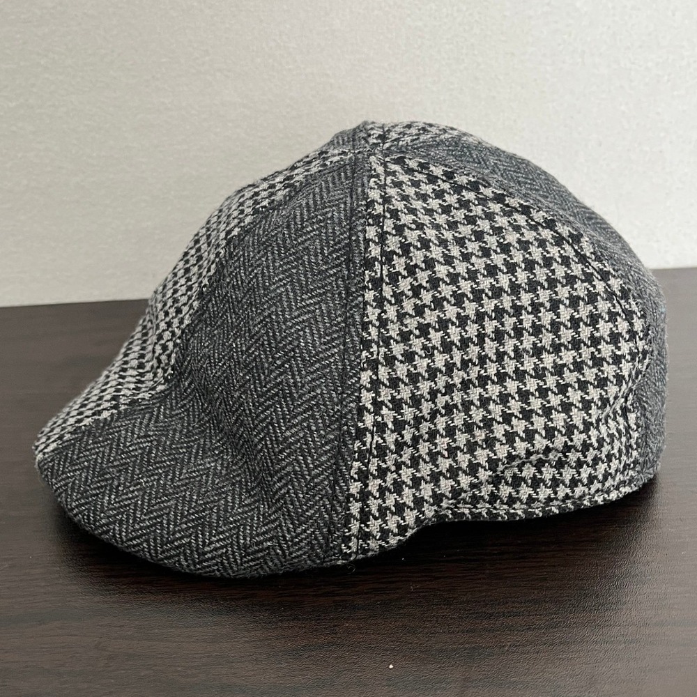 Lids Mens Flat Cap Ivy Hat Gray Patchwork Houndstooth Herringbone Wool L/XL